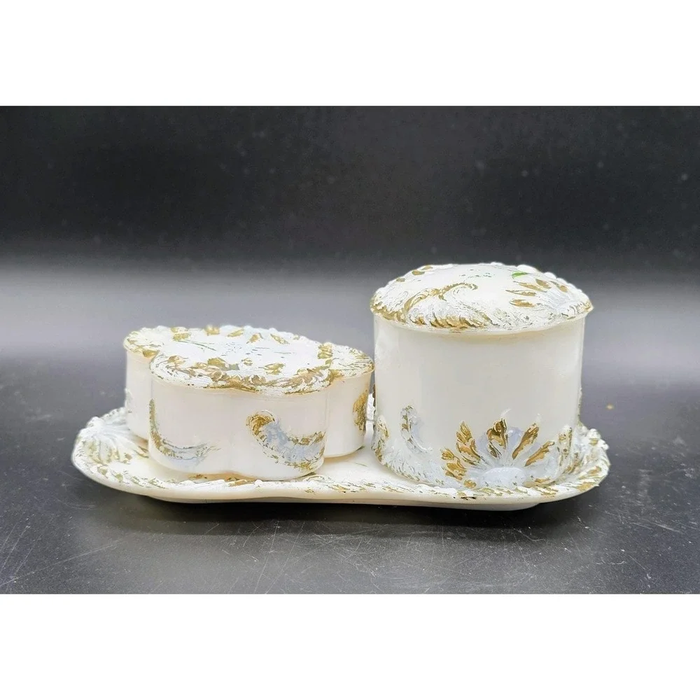 Antique Dithridge EAPG Milk Glass Vanity Set Powder Jar Trinket Box Tray 9
